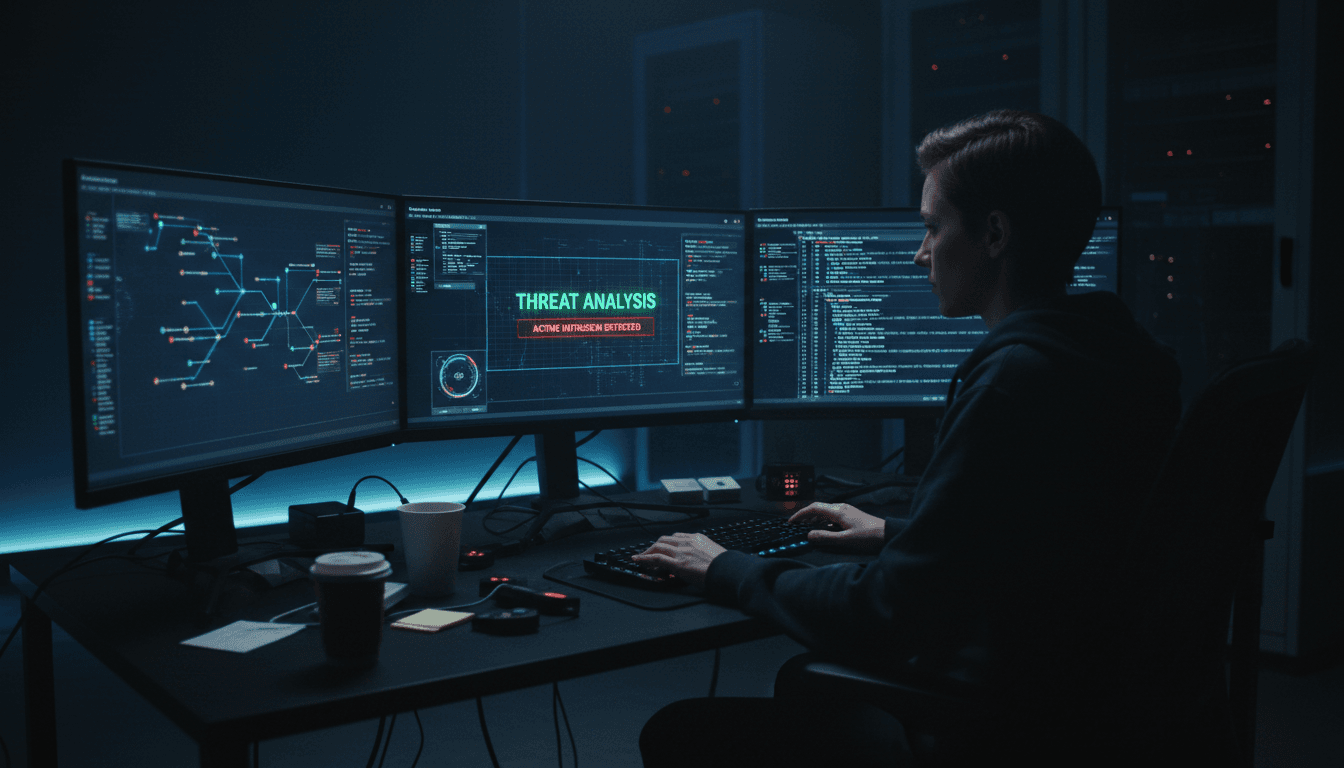 Cybersecurity analyst monitoring network security and threat detection systems