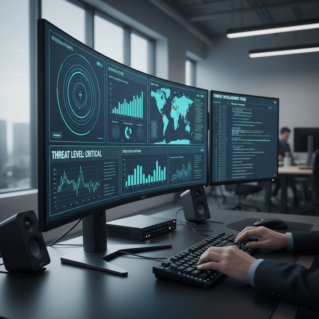Cybersecurity professional monitoring security systems and analyzing threat data on modern computer workstations