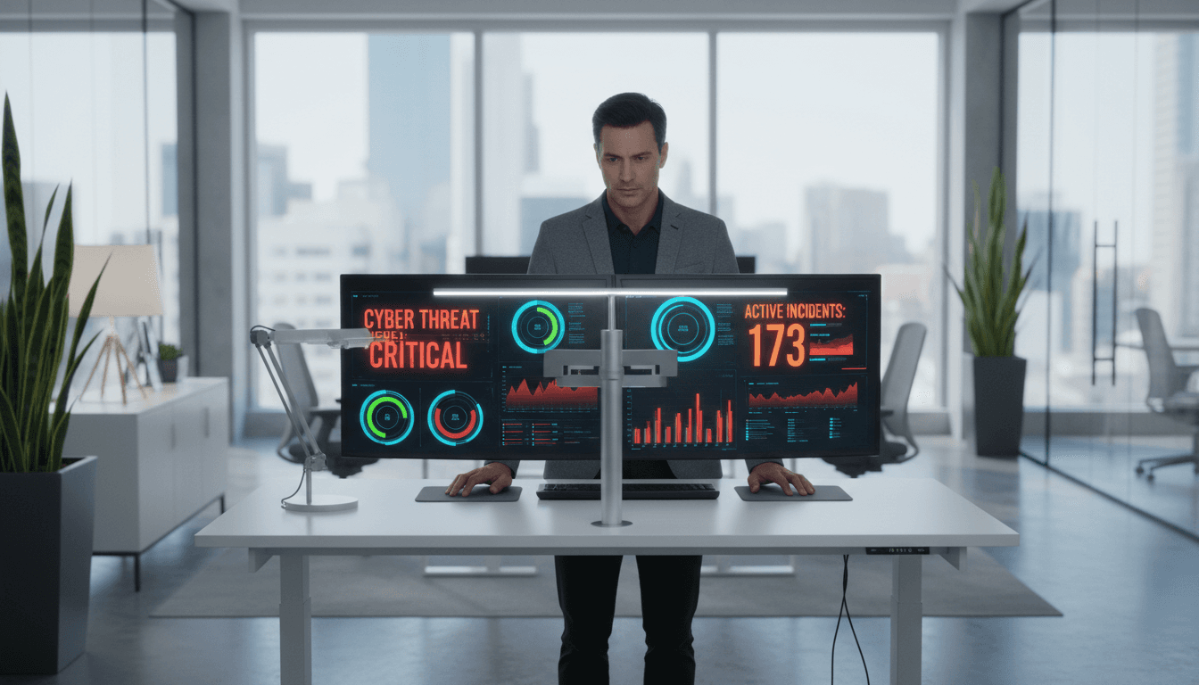 Cybersecurity professional monitoring security systems on multiple displays