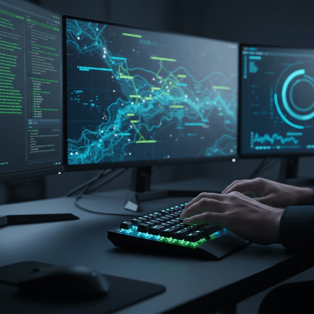 Cybersecurity professionals monitoring security systems at modern office workstations