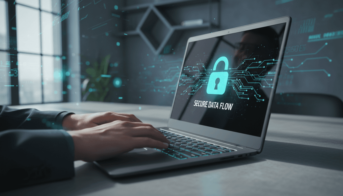 Cybersecurity expert working on laptop with digital security interface