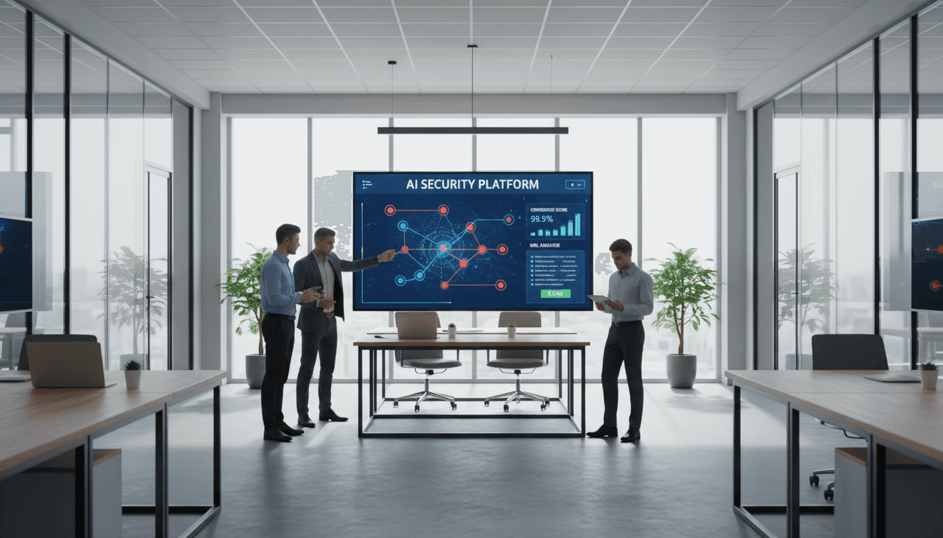 Tech team collaborating around large display screen showing AI-powered threat detection platform with network visualization and URL analysis metrics in modern office